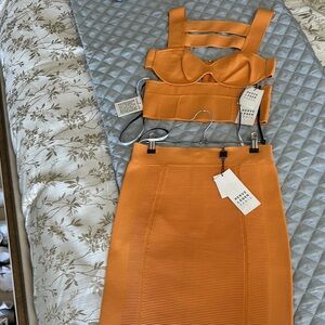 Herve Leger Orange Bandage Skirt and Top Set